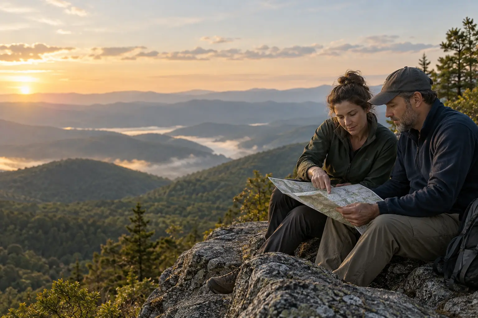 Two people using a map together in a mountain setting, representing shared direction and practical judgment.