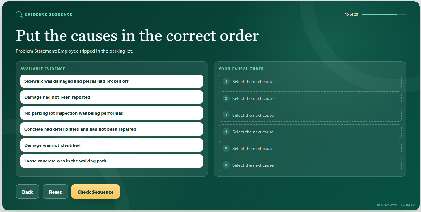 A course interaction where learners arrange evidence into the correct causal sequence.